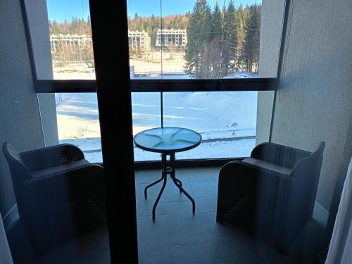 a table and two chairs in front of a window at A-Apartman in Bjelašnica