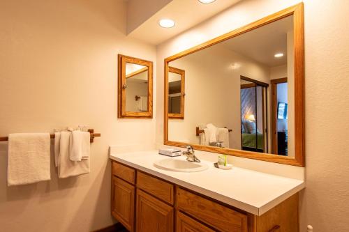 a bathroom with a sink and a large mirror at Fairway Nine Condo 4322 in Sun Valley