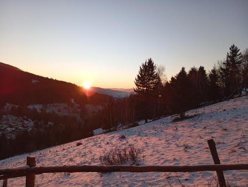 a sunset on a snow covered hill with a fence at Sowi Stok in Sokolec