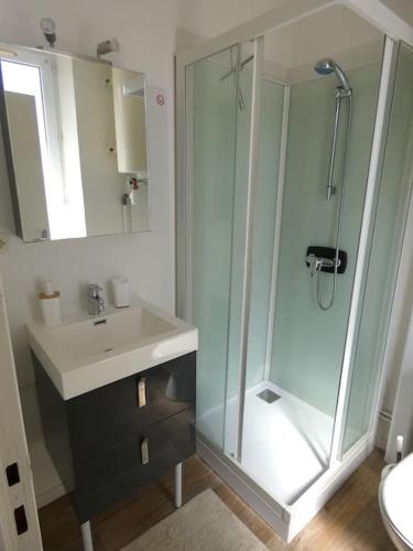 une salle de bain avec une douche en verre et un lavabo dans l'établissement Maison en triplex au centre-ville de Cherbourg, à Cherbourg en Cotentin