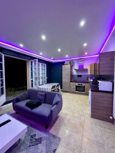 Il comprend un salon avec un canapé et une cuisine avec un éclairage violet. dans l'établissement Le Petit Quincy, appartement T2 avec terrasse, à Quincy-sous-Sénart