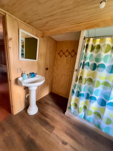 a bathroom with a sink and a shower curtain at Hosta Altos de Gamboa in Castro