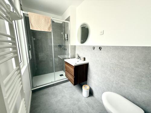 une salle de bain avec un lavabo, une douche et des toilettes dans l'établissement Escapade parisienne à Reims - Séjour confortable et chic, à Reims