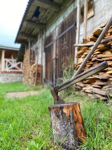 an axe sticking out of a tree stump in front of a building at Dom Na Wsi ,, Koszelówka " in Koszele