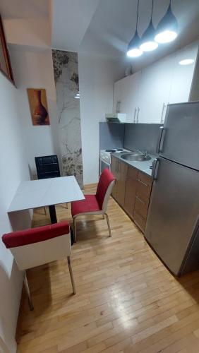 a kitchen with a table and chairs and a refrigerator at Petreski Apartments 1 in Ohrid