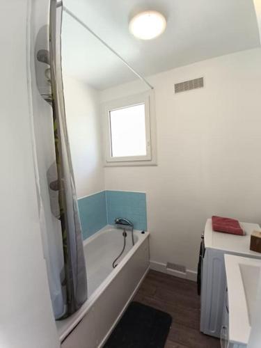 une salle de bain avec une baignoire et une fenêtre dans l'établissement Maison calme et arboré à Cordes sur Ciel, à Cordes-sur-Ciel