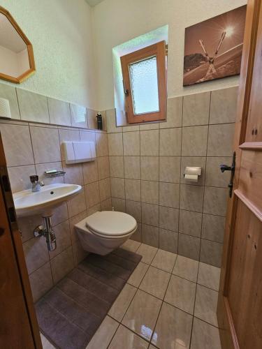 une salle de bain avec toilettes et lavabo dans l'établissement Apartment Wandegg im Bergsteigerdorf Ginzling Mayrhofen, à Mayrhofen