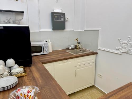 a small kitchen with a sink and a microwave at La Bulevard in Piteşti