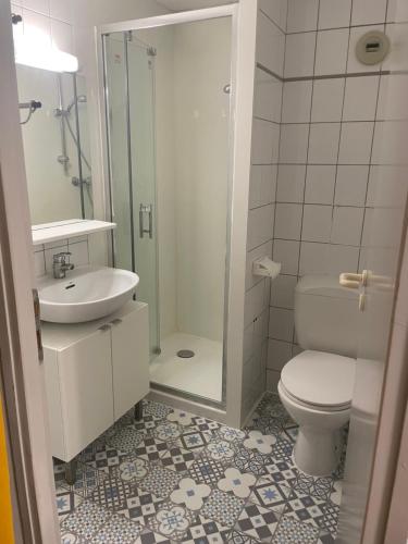 une salle de bain avec toilettes, lavabo et douche dans l'établissement Le calme Grande rue, à Thonon-les-Bains