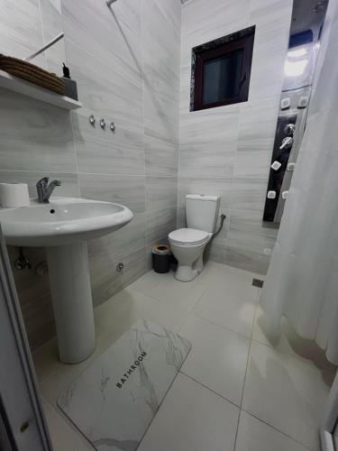 a white bathroom with a sink and a toilet at Dado in Virpazar
