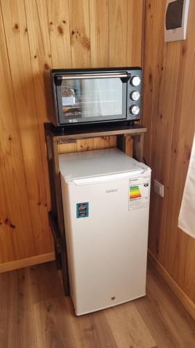 a microwave sitting on top of a refrigerator at Cabaña en Llifen in Futrono