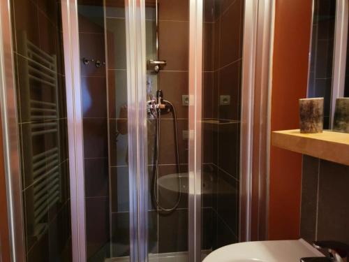 une salle de bain avec une douche avec des toilettes et un lavabo dans l'établissement Résidence Le Boulier - Bel appartement spacieux MAE-2411, à Aime La Plagne