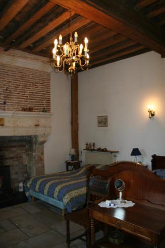 a bedroom with a bed and a chandelier at Prieuré de Fouchères in Fouchères