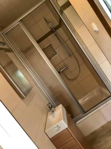a bathroom with a shower and a toilet in a room at Panoramablick in Hainfeld