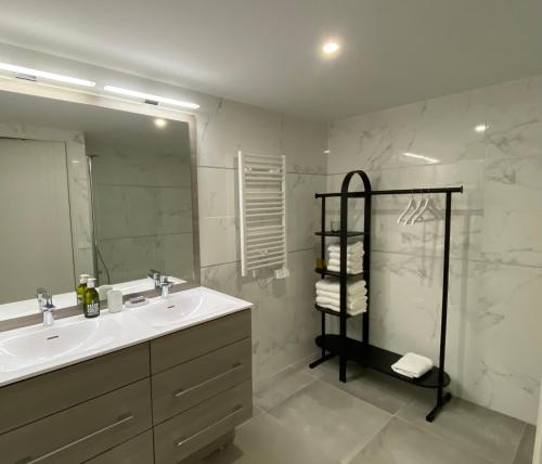 une salle de bain avec un lavabo, un miroir et une douche dans l'établissement Fabulous Two-Bedroom Apartment with parking, à Antibes