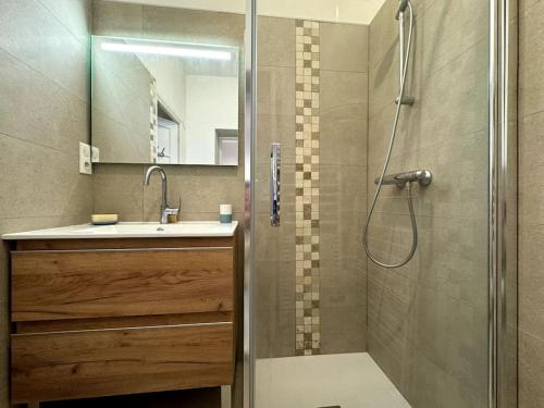 une salle de bain avec douche et lavabo dans l'établissement Le petit Paradis - vue mer - Piscine, à Sanary-sur-Mer