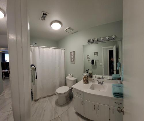 Un baño con lavabo, inodoro y ducha. en 306 Faye Ct, en Saint Marys