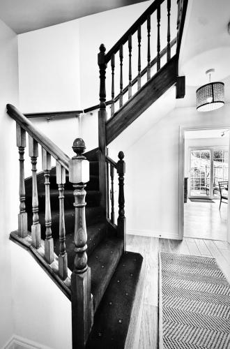 a staircase in a living room with a rug at Lawnfield Lodge in Newcastle