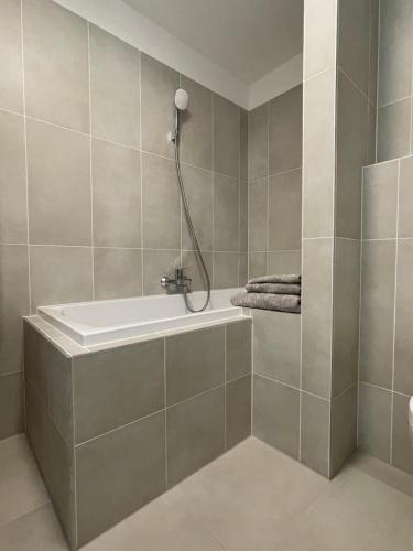 a bathroom with a bath tub and a shower at Apartmán Bellevue in Boskovice