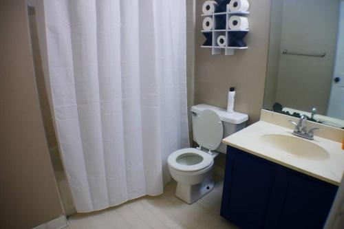a bathroom with a toilet and a sink with a shower curtain at The Trace Elegant Eclectic Home with patio in Smyrna Ga in Smyrna