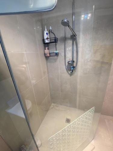 a shower in a bathroom with a glass door at Close motorway, free breakfast, Fabulous views, selfcontained in Auckland