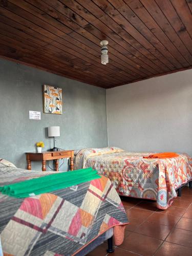 パナハチェルにあるHostal Sweet Dreamsのベッドが2つあり、天井が木製の寝室