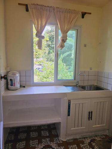 a kitchen with a sink and a window at Baan suan khun ta บ้านพักสวนคุณตา in Ko Chang