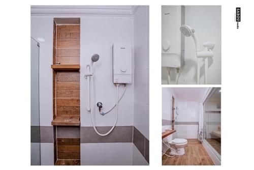 two pictures of a bathroom with a shower and a toilet at Neakru Guesthouse and Restaurant in Kampot