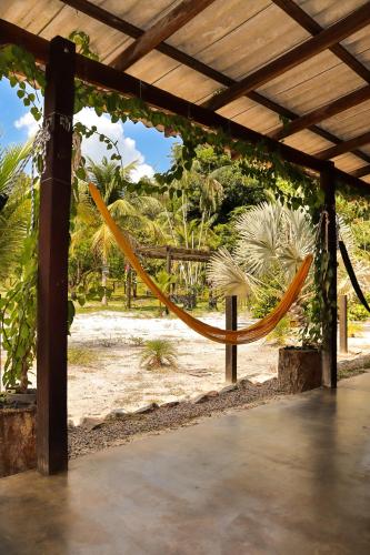 eine Hängematte in einem Pavillon mit Bäumen und Pflanzen in der Unterkunft Pousada Paraíso do Calango Azul in Presidente Figueiredo