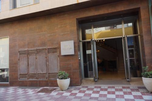 a building with two potted plants in front of it at Don Agustin in San Luis de Sabinillas