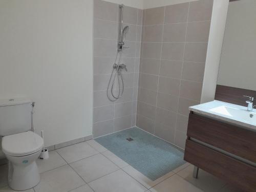 une salle de bain avec une douche avec des toilettes et un lavabo dans l'établissement Appartement 4 pers à Mimizan Plage, tout confort entre océan et forêt, terrasse ensoleillée - FR-1-50-148, à Mimizan