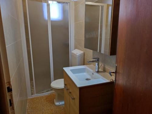 une salle de bain avec toilettes, lavabo et douche dans l'établissement Appt 3P pour 6 proche plage avec jardin privé, animaux admis - FR-1-776-109, à Argelès-sur-Mer