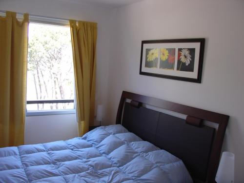 1 dormitorio con 1 cama grande y ventana en Jardines del Country, en Punta del Este
