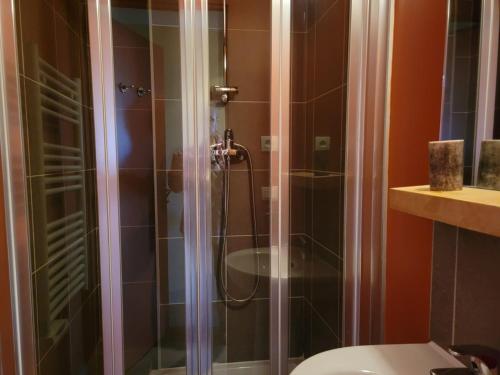 une salle de bain avec une douche avec des toilettes et un lavabo dans l'établissement Appartement moderne - Proche pistes et commerces - 6 pers. - FR-1-181-2851, à La Plagne Tarentaise