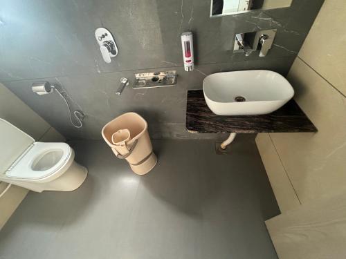 a bathroom with a sink and a toilet at Hotel Hanuman Palace-450 meter Khatu Shayam Ji Temple in Khātu