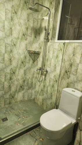 a bathroom with a shower with a toilet in it at AKS Hotel in Tashkent