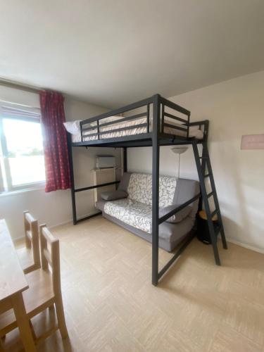 ein Schlafzimmer mit zwei Etagenbetten in einem Zimmer in der Unterkunft Studio au pied des pistes in Le Dévoluy