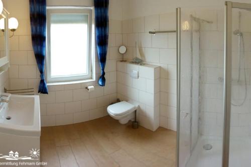 a bathroom with a toilet and a sink and a shower at 22 Ferienwohnung Fuhr An der Reiterkoppel 1 EG in Burg auf Fehmarn