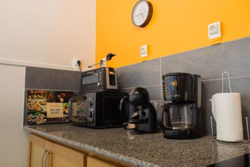 a kitchen counter with a coffee maker and a clock at Le chant du Lagon in La Saline les Bains