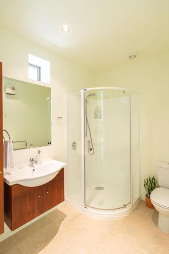 a bathroom with a shower and a sink and a toilet at Elevated Views Little Kaiteriteri in Kaiteriteri