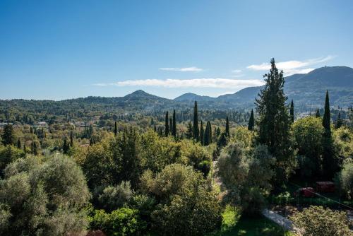 a view of a forest of cypress trees and mountains at Mansion on the Hill by CorfuEscapes in Virós