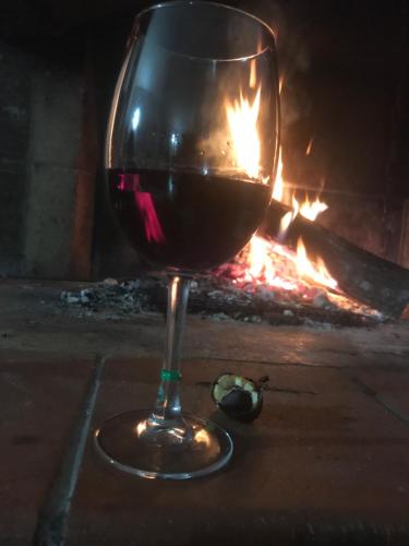 a glass of wine sitting in front of a fire at Villa Marlene Casa vacanze in parco privato in Monterusciello