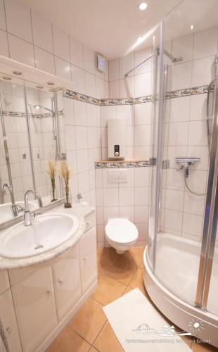 a bathroom with a sink and a toilet and a shower at 32 Ferienwohnung Baltic Nest App.65-103 in Burgtiefe auf Fehmarn 