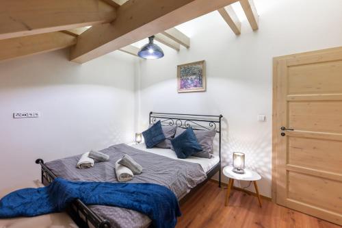a bedroom with a bed with blue pillows at Apartmány za Královskou mincovnou in Jáchymov