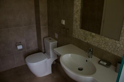 a bathroom with a white toilet and a sink at Notos Luxury Studios in Katelios