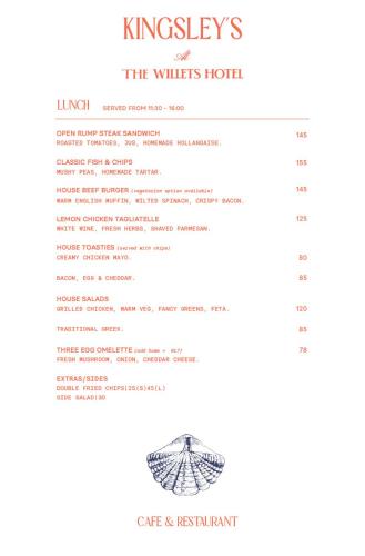 a menu for kingsleyleys the writers hotel at The Willets Boutique Hotel in Simon's Town in Simonʼs Town
