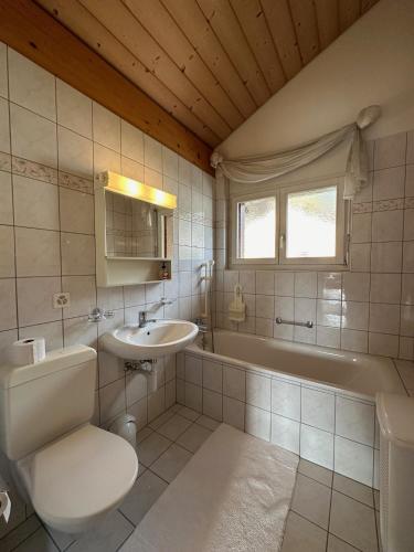 a bathroom with a toilet and a sink and a tub at Family Penthouse with view of the Swiss Alps in Mollens