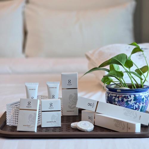 a tray with a potted plant and blocks ofiates at Serapi Verdure Hotel in Kuching
