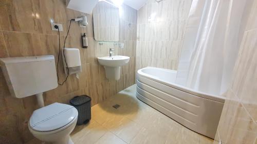 a bathroom with a white toilet and a sink at Pensiunea Bucura in Călimăneşti