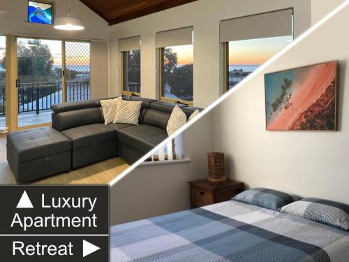 a living room with a couch and a bed at Marina Upstairs Apartment & Marina Downstairs Retreat Beresford in Geraldton